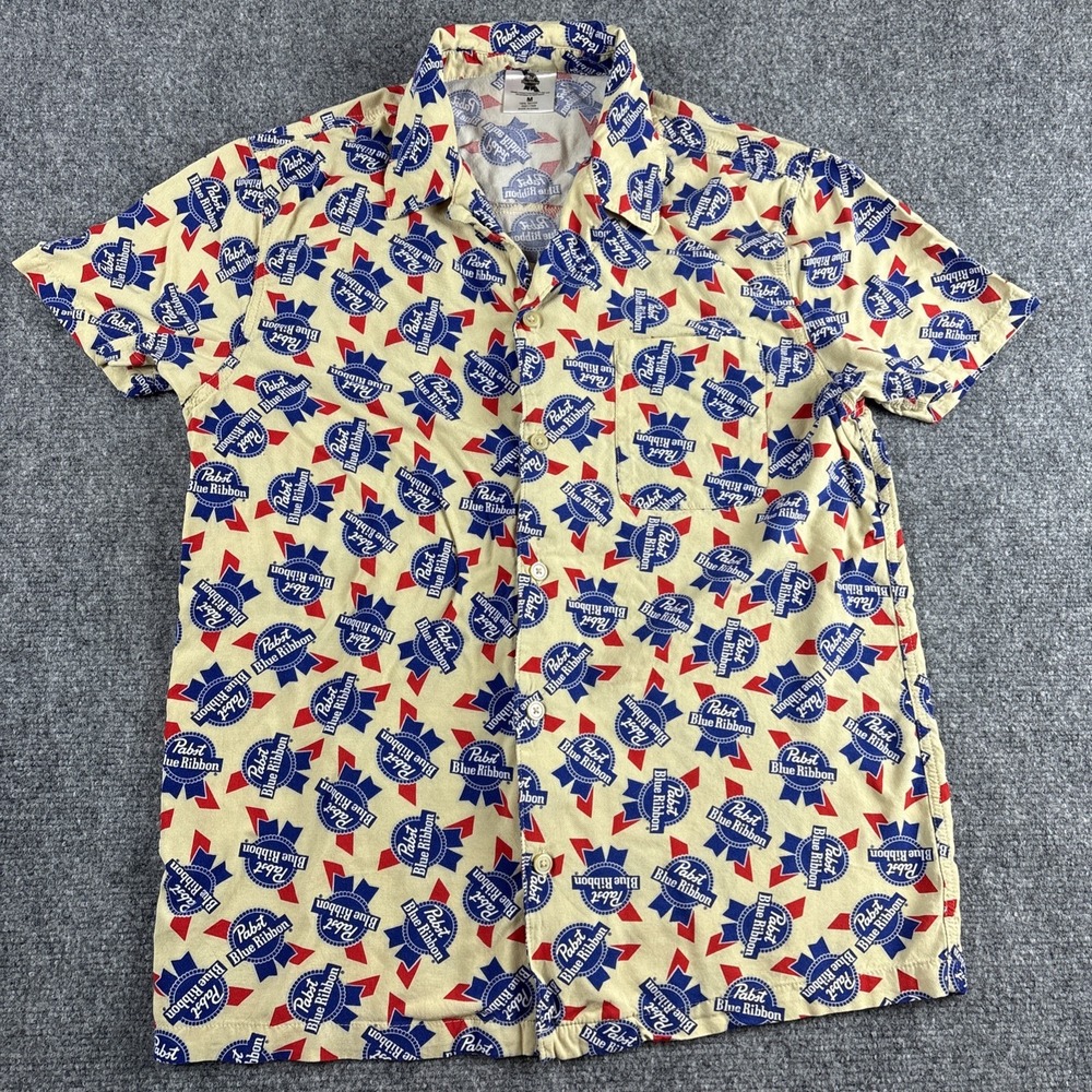 Pabst Blue Ribbon Men's Medium All Over Print 100% Rayon Button Down Shirt PBR
